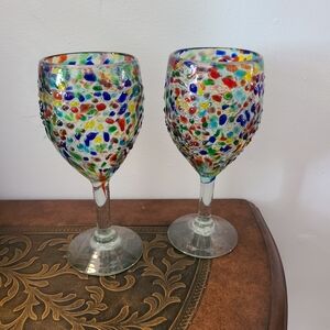 Handblown Confetti Wine Glasses Set of 2 - Colorful Art Glass 8” x 3.5” Heavy